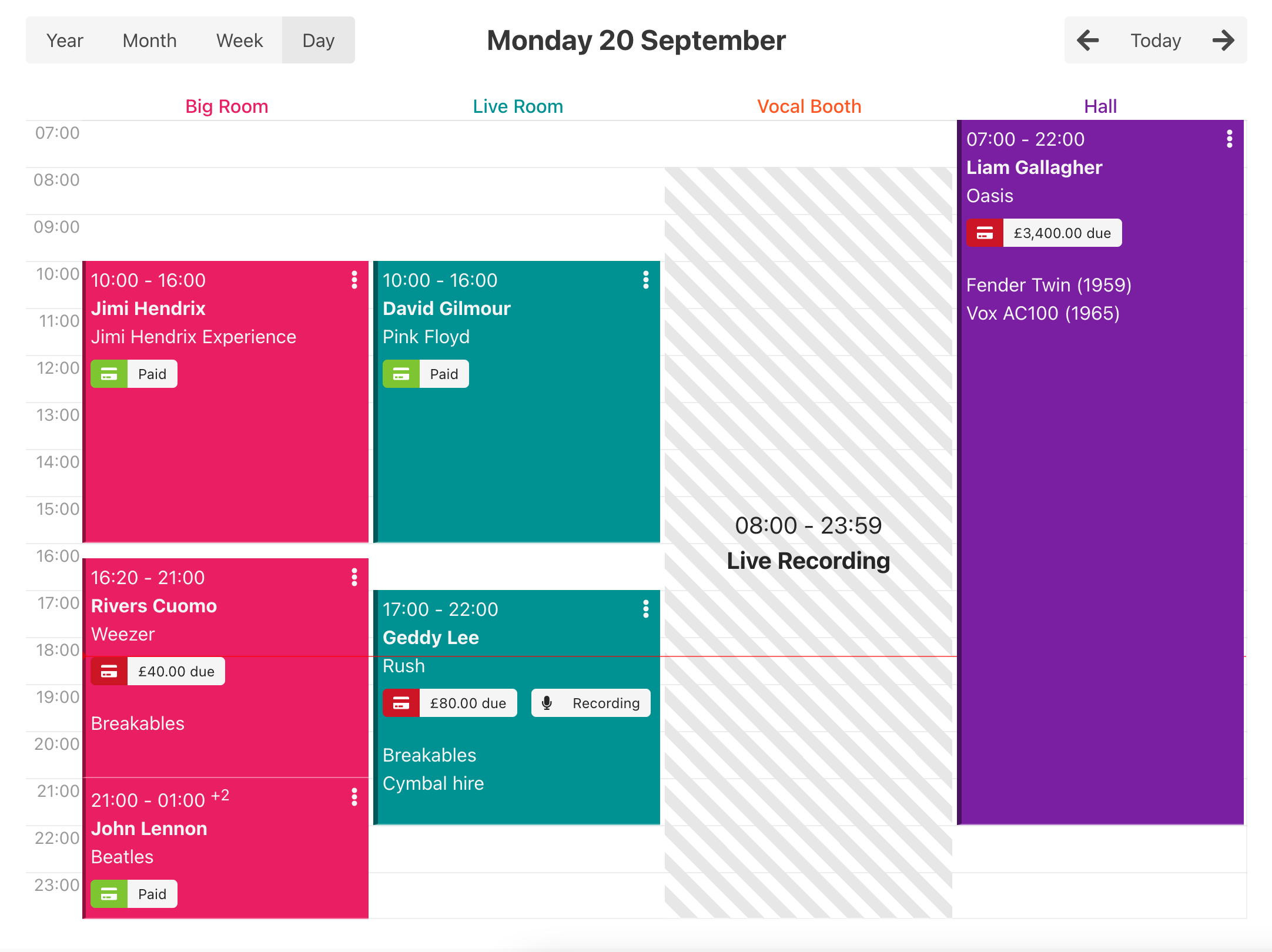 An image of the Jammed dashboard, showing blocks for bookings under the given rooms