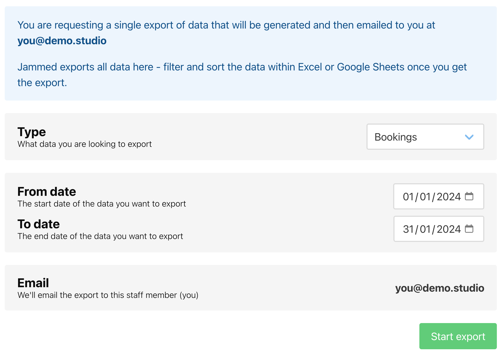 An image of the Jammed export form, to generate a new Excel spreadsheet of data