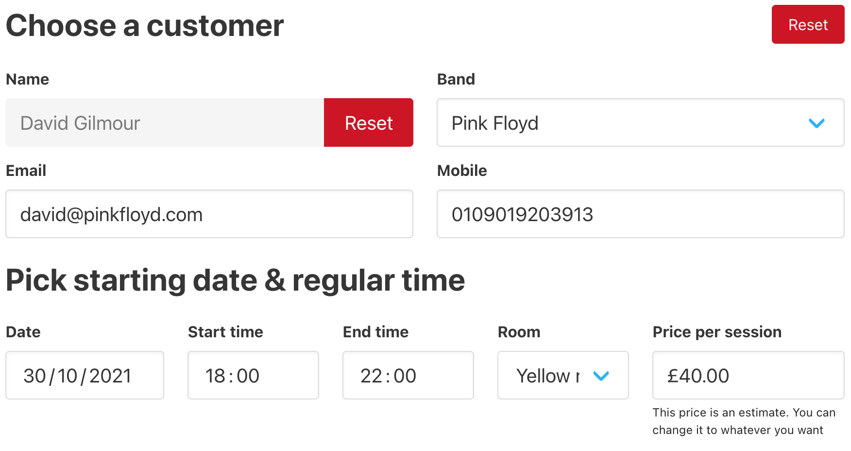 Assign a customer and band to a new regular booking