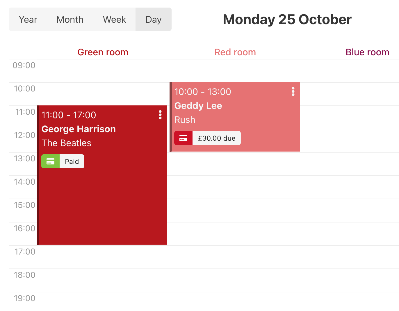 A screenshot of the dashboard showing two bookings, one paid and one unpaid