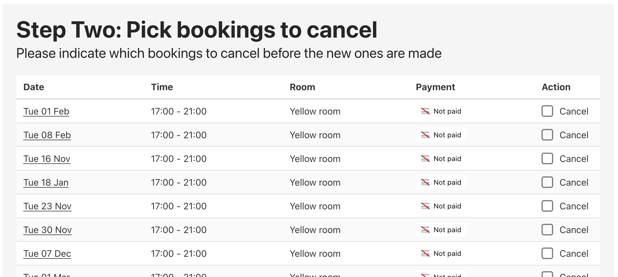 Picking bookings to cancel that no longer fit in this pattern