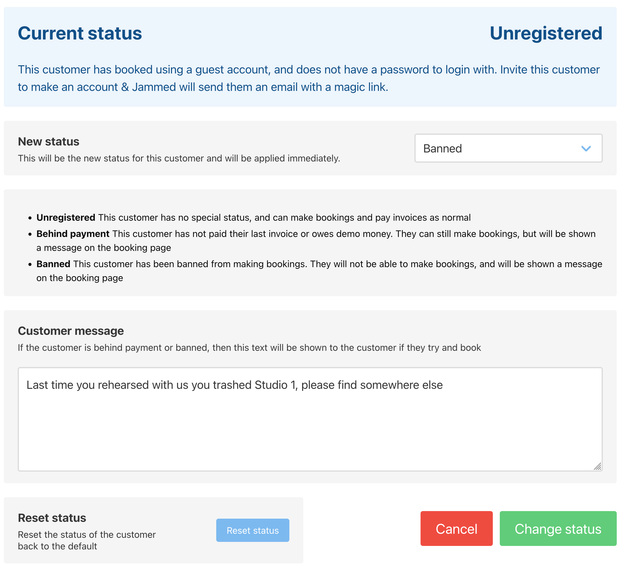 Status change form for customers