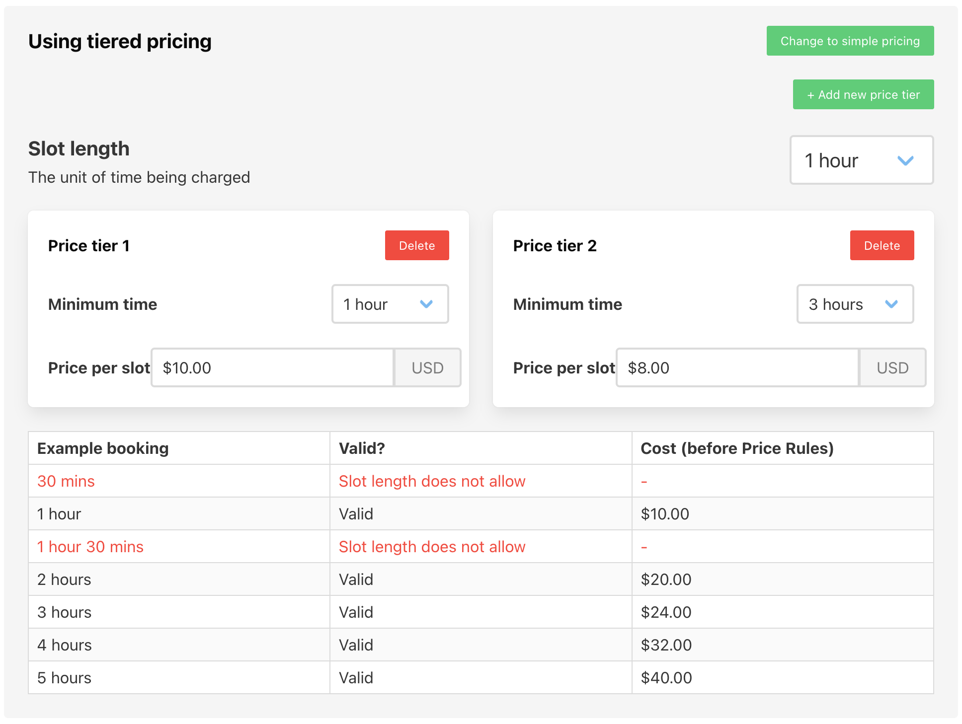 Tiered rate prices